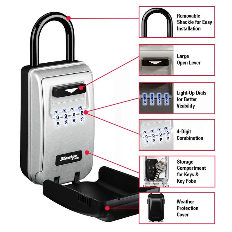 Master Lock صندوق قفل مفاتيح محمول أسود من ماستر لوك مع أقراص مضيئة، مجموعة/إعادة تعيين التركيبة للمستأجرين، الضيوف، العملاء، مثالي لوكلاء العقارات، الملاك أو مديري الممتلكات، يحمل 6 مفاتيح، 5424EC - Image 3